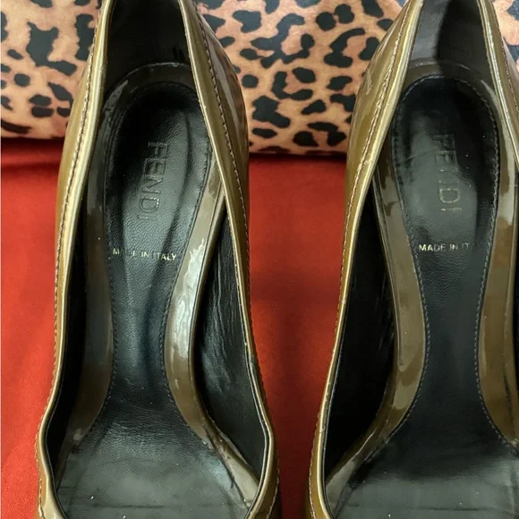 Fendi Olive/Army Green Patent Leather Buckle Peep-Toe Heels - Picture 9 of 16